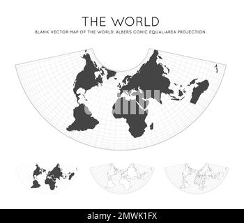 Map of The World. Albers conic equal-area projection. Globe with latitude and longitude lines. World map on meridians and parallels background. Vector Stock Vector