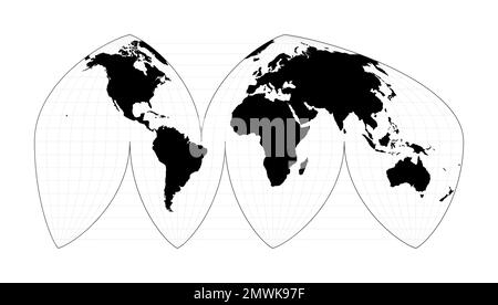 World map with meridians. Bogg's interrupted eumorphic projection. Plan world geographical map with graticlue lines. Vector illustration. Stock Vector