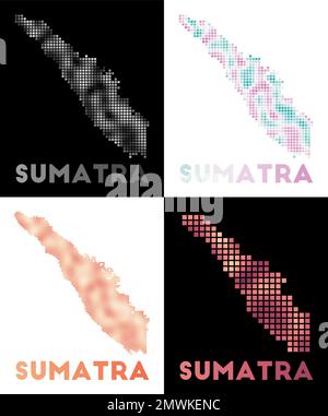 Sumatra map. Collection of map of Sumatra in dotted style. Borders of the island filled with rectangles for your design. Vector illustration. Stock Vector