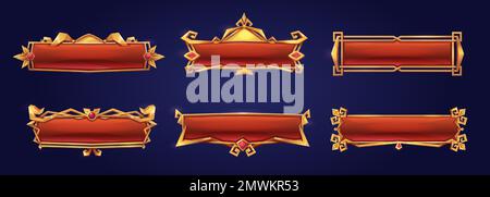 Medieval buttons, ui game menu elements, red oblong banners and gold ornate rims. Empty royal gui bars for rpg or arcade, golden borders, web design interface Cartoon 3d vector illustration, set Stock Vector