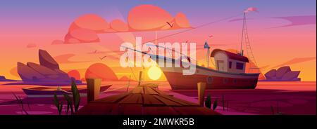 Fishing boats at pier in lake, river or sea harbor. Summer sunset landscape with dock with boardwalk, wooden boat and fishery ship, stones in water, pink sky with clouds, vector cartoon illustration Stock Vector