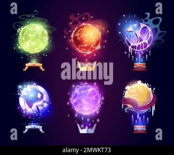 Magic crystal balls, energy spheres with light effect. Fantasy magician, sorcerer or fortune teller crystal orbs with shine, lightnings, fire and tentacles, vector cartoon illustration Stock Vector