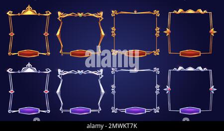 Empty square silver and gold rank frames in medieval style for game ui design. Vector cartoon set of user interface elements, metal thin border with gems and red, purple buttons isolated on background Stock Vector