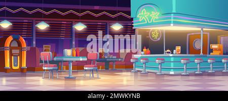 Empty American retro 50s diner interior design. Vector contemporary illustration of vintage style fast food cafe with red couches, chairs, tables, jukebox, coffee machine illuminated with lamps Stock Vector