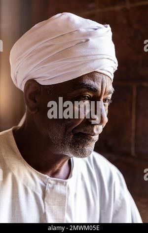 Portrait of Egyptian man at Aswan café, Egypt Stock Photo