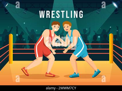 Wrestling Illustration with Two fighters Boxing Competition or Championship Sport on a Arena in Flat Cartoon Hand Drawn for Landing Page Templates Stock Vector