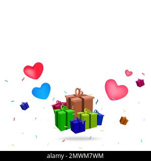 Multicolored surprise gift box with falling confetti and hearts. Gift concept. Stock Vector