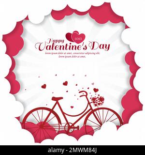 Happy Valentine's day greeting card with hearts flying from bike with light rays background. Vector illustration. Stock Vector