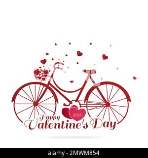 Valentine's day. Red bicycle with heart flying from bicycle basket isolated on white background. Stock Vector