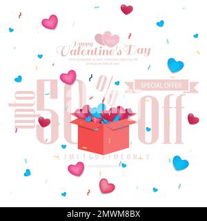 Happy Valentine's Day Sales Concept. Holiday sale banner with confetti and hearts flying out when gift box is opened. web poster, flyer, stylish broch Stock Vector