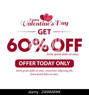 Valentine's day sale offer advertising banner for holiday shopping. Up to 60% off. Stock Vector
