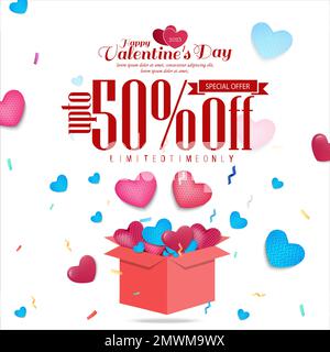 Valentine's Day Sales Concept. Holiday sale banner with confetti and hearts flying out when gift box is opened. web poster, flyer, greeting card, card Stock Vector