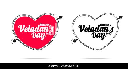 Vector illustration of Happy Valentine's Day hand lettering text set. calligraphic text with red heart pierced by arrow isolated on white background. Stock Vector