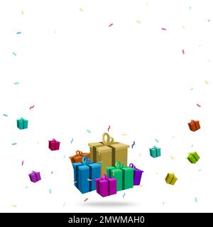Multicolored gift boxes with confetti on white background. Flying and Falling gift boxes. illustration Stock Vector