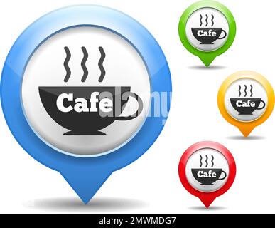 Map marker with icon of a cafe, four different colors, vector eps10 illustration Stock Vector
