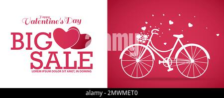 Happy Valentine's Day Sale. Valentine's Day Big Sale background with flying hearts from bike. For poster, Banner. Stock Vector