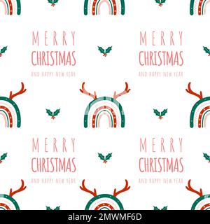 Christmas seamless pattern with rainbows and deer horns. Cute winter background in boho style. Vector childish illustration for posters, textile Stock Vector