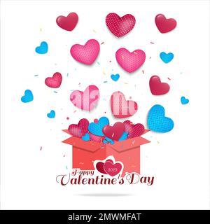 Happy Valentine's Day Concept with confetti and hearts flying out when gift box is opened. Stock Vector