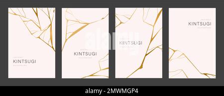 Set of gold kintsugi posters. Crack and broken effects. Marble texture. Luxury design for posters, wall art, wallpaper, wedding card, social media Stock Vector