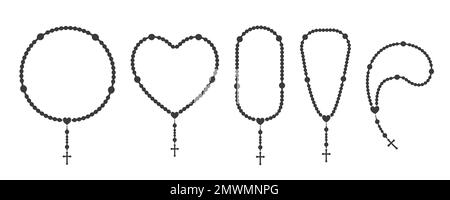 Rosary beads silhouettes set. Prayer heart shaped jewelry for meditation. Catholic chaplet with a cross. Religion symbol. Vector illustration. Stock Vector