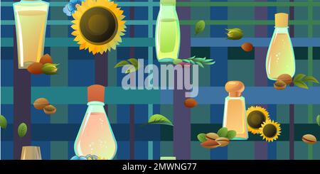 Natural oils sunflower, flax and nuts. Extracted from nuts and plant seeds. Clean natural food. Blue illustration. Product for healthy lifestyle and Stock Vector