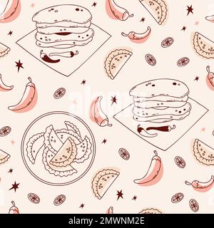 Seamless pattern with Mexican Empanadas and corn tortillas with chili peppers on background with lime slices. Vector illustration latin american food Stock Vector