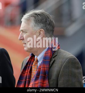 Joe Ellis, president of the Denver Broncos, responds to questions during a  news conference on media day before the team officially opens an NFL  football training camp at Broncos headquarters Tuesday, July