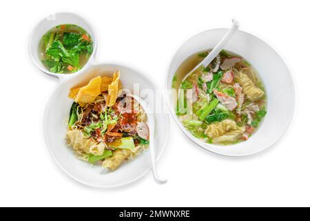 Die cut of Wonton Noodles Soup with pork and special Soup on white isolated. Stock Photo