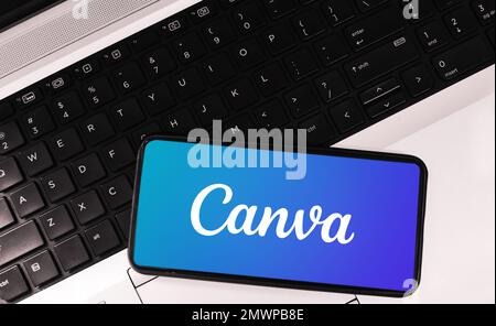 28.1. Pakistan. Canva Mobile application opened placed on laptop, editorial Stock Photo