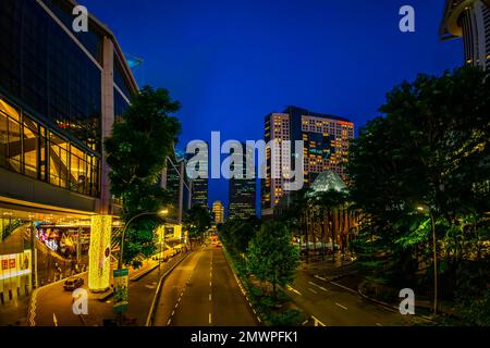 Night scape of Suntec City during Christmas season. Bird's-eye view from Tamasek Boulevard,   Singapore. Stock Photo