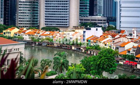 Arial view of Boat Quay area in Singapore. Boat Quay is a historical quay on the southern bank of the Singapore River Stock Photo