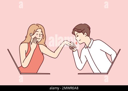 Determined guy kisses hand of embarrassed girl looking out of laptop screen. Metaphor of online dating and flirting in email correspondence or remote rendezvous lovers Stock Vector