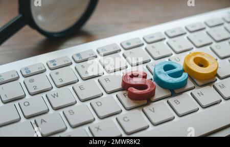 Search engine optimization concept. Alphabet of seo on a computer keyboard. Stock Photo