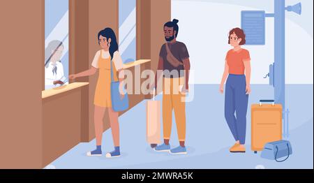 Buying tickets for bus and train flat color vector illustration Stock Vector