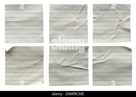 Straight line memo size white paper collection crumpled, creased and glued isolated on a white background. Stock Photo