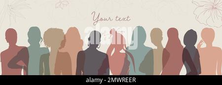 Group of multicultural diversity women and girls - face front view silhouette. Women’s day.Female social community of diverse culture. Racial equality Stock Vector