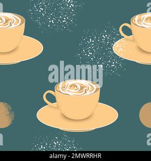 Vector seamless pattern with aqua green background, coffee cups and spay paint details Stock Vector