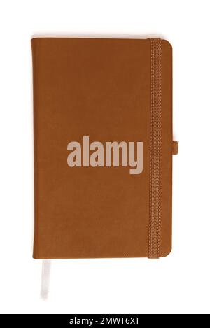Notepad with hard cover. Top view. Studio shot isolated on white Stock Photo