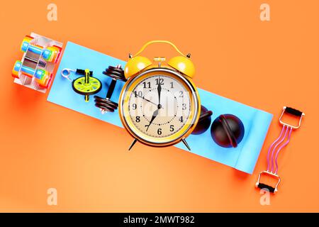 3D illustration, iron arm expander or resistance band, fitness elastic bands, dumbbells, alarm clock on a pink background. 3D rendering of sports equi Stock Photo