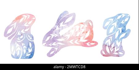 Vector set of decorated rabbits in various poses with violet watercolor background. Collection of hares with leaves and paint stains Stock Vector