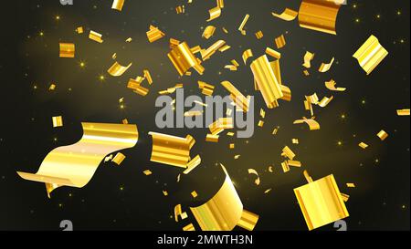 Black festive background with golden realistic vector confetti and sparkles Stock Vector