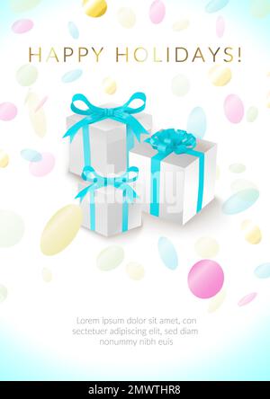 Fun celebration vertical poster design with colorful round confetti and white gift boxes with blue ribbons Stock Vector