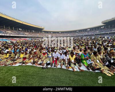 02 February 2023, Democratic Republic of the Congo, Kinshasa: Numerous believers are waiting in the soccer stadium 'Martyrs Stadium' for the arrival of Pope Francis. The pope is visiting Congo this week and will travel on to South Sudan on Feb. 3, 2023. Photo: Manuel Schwarz/dpa Stock Photo