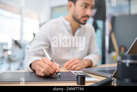 Graphic tablet pen, laptop and photographer editing camera photoshoot, focus on digital art or retouching artistic photo. Photography vision, drawing Stock Photo