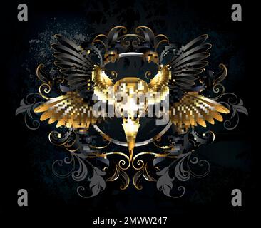Artistically drawn, symmetrical, composition of black and gold, bird wings, golden, bird skull decorated with gilded pattern on dark, textured backgro Stock Vector