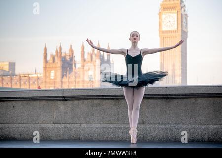 London, UK. 2nd February 2023. World Tutu Day: Dancer Aoife Doherty performs in Westminster on World Tutu Day (also called International Tutu Day). Originating in Australia, Tutu Day is celebrated on February 2nd (2.2) by dancers around the world in support of ballet education and how ballet has inspired the classic tutu dress, which has become an iconic fashion piece. Credit: Guy Corbishley/Alamy Live News Stock Photo
