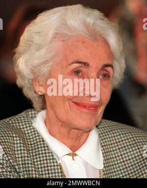 FILE - In this Oct. 15, 1993 file picture German politician Hildegard Hamm-Bruecher speaks during an event in Magdeburg, Germany. Hildegard Hamm-Bruecher, the “Grand Dame” of the pro-business Free Democratic Party, FDP, and its failed candidate for German president in 1994, has died. She was 95. The FDP in Bavaria announced the death Friday Dec. 9, 2016 without providing further details. (AP-Photo/Eckehard Schulz,file(