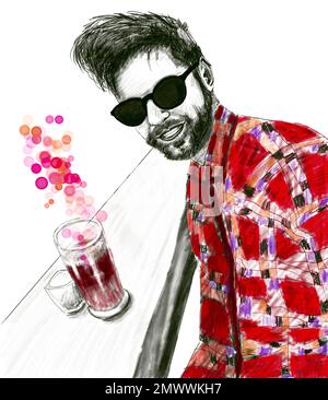 A smiling happy man with a beard is sitting in a café with a cup of coffee. Sketch Stock Photo