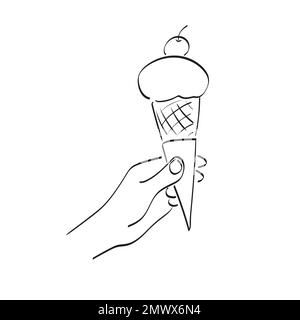 closeup hand holding cone ice cream illustration vector hand drawn isolated on white background line art. Stock Vector