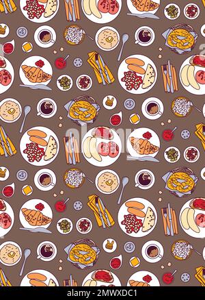 European food seamless pattern top view plates dishes table flat . Color vector illustration EPS8 Stock Vector